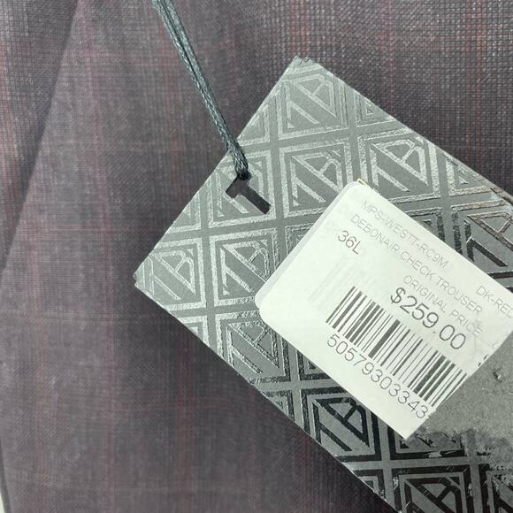 Ted Baker London Debonair Check Wool Trousers Dark Red Men's 36L NWT - Picture 6 of 8
